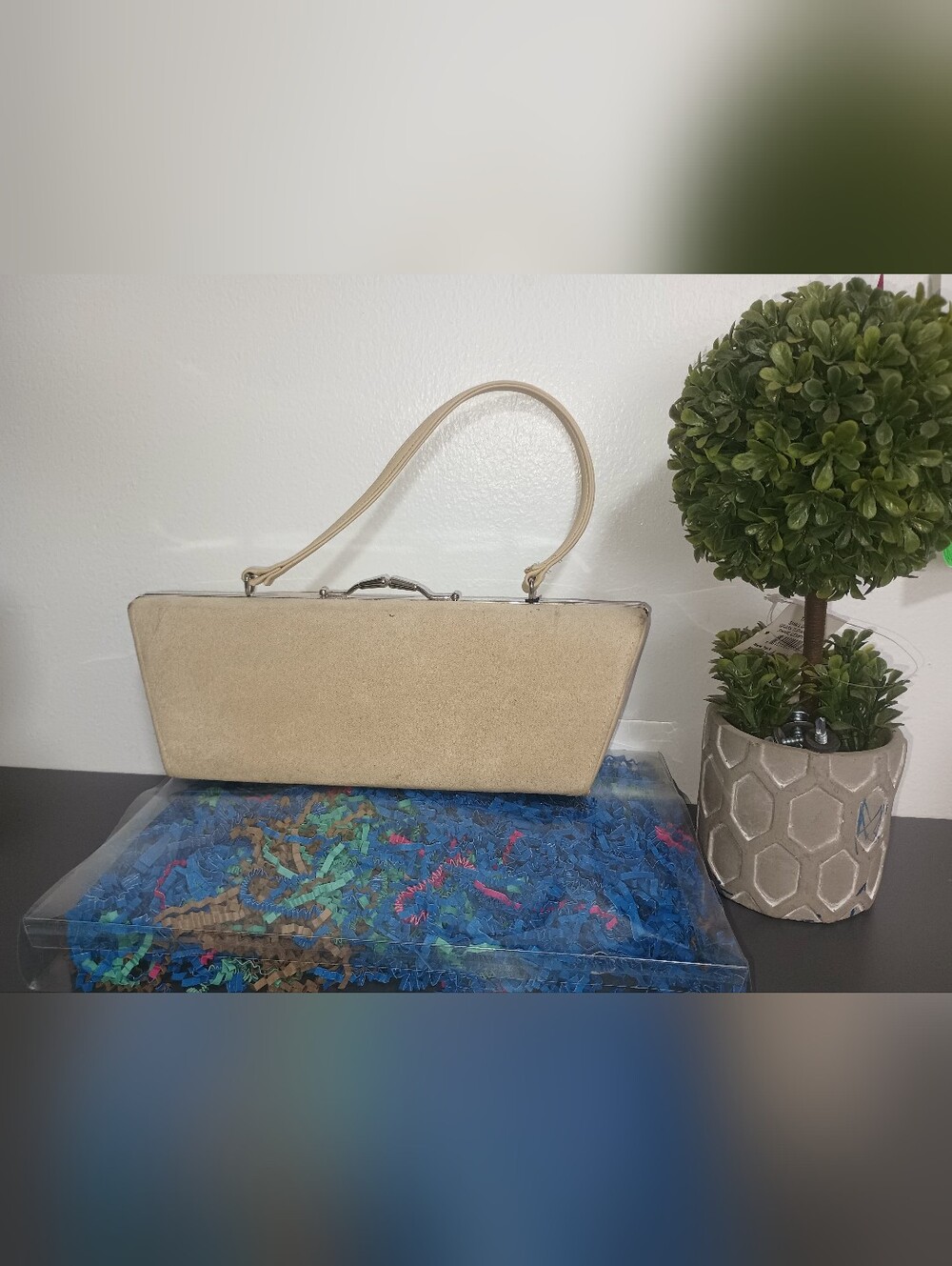 Elegant Beige Suede Evening Clutch with Top Handle